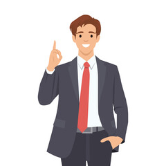 Happy businessman pointing up index finger gesture. Flat vector illustration isolated on white background