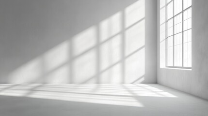 Fototapeta premium abstract. minimalistic background for product presentation. walls in large empty room greyish white. can full of sunlight. Loft wall or minimalist wall. Shadow, light from windows to plaster wall.