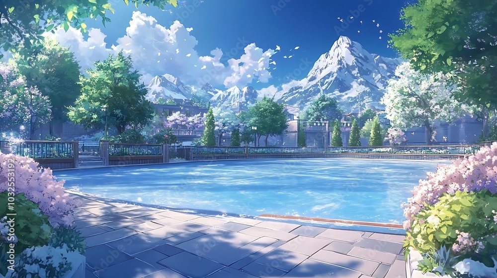 Wall mural Idyllic Mountain Retreat with a Swimming Pool and Lush Greenery.