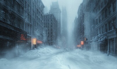 Snowy city street, buildings, blizzard.