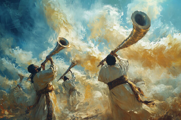 Artistic portrayal of shofars being blown amid swirling clouds at dusk