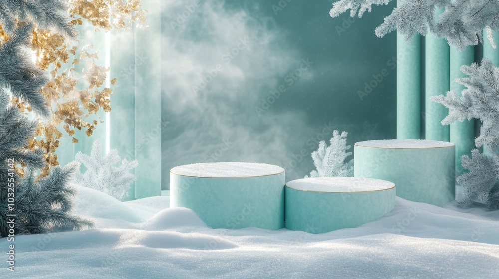 Poster Three blue platforms with a gold trim sit on a snowy surface. The platforms are in front of a blue wall with frosted pine branches on either side and a blue column behind them.