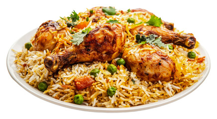 Delicious chicken biryani served on a white plate isolated on transparent background