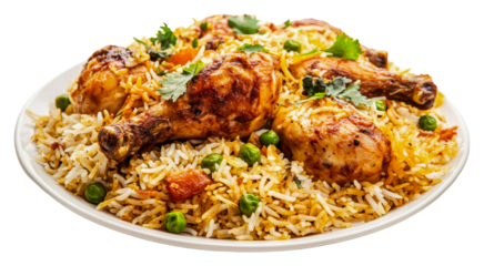 Delicious chicken biryani served on a white plate isolated on transparent background