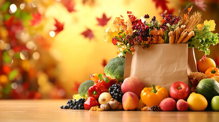 
A close-up shot of Thanksgiving shopping essentials, including grocery bags filled with fresh produce and hosting materials.
