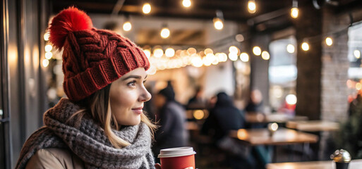 Obraz premium a cozy winter day at an outdoor coffee shop individual wearing generative ai