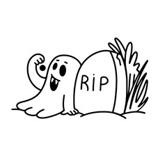 Halloween Cute ghost have picnic at cemetery. Scary doodle character. Halloween vector illustration with pumpkin, tombstone, bat. Funny Flying spirit. Halloween outline levitating phantom.