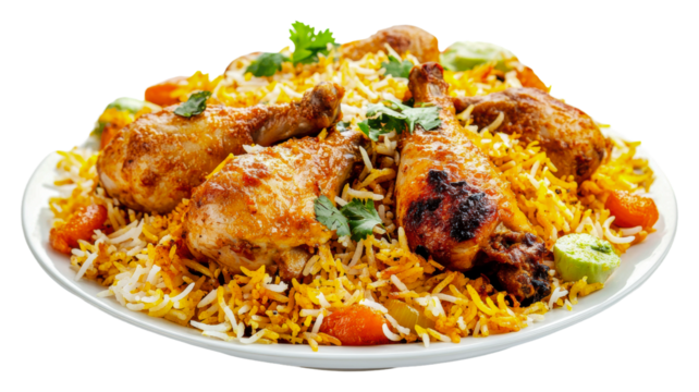 Spicy chicken biryani with fragrant rice isolated on transparent background