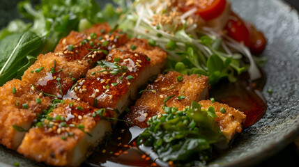 Vegetarian tonkatsu with tofu and a side of greens