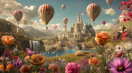 Fototapeta premium A vibrant fantasy landscape with hot air balloons, a castle, and colorful flowers.