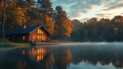 Fototapeta premium The serene view features a charming wooden cabin reflecting in calm waters, framed by vibrant autumn foliage under a soft morning light.