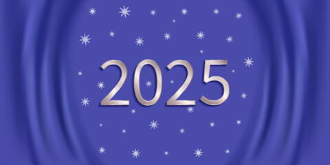 Happy New Year 2025 silver greetings. With unique and luxurious numbers. Blue background with fabric effect. Shimmering snowflakes. Greeting Card, Banner, Poster. Vector Illustration.