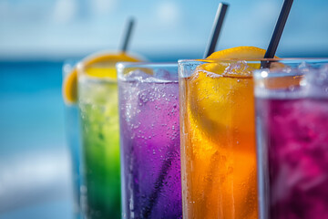 Vibrant tropical drinks lined up by the beach under the sunny sky