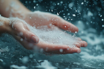 Fototapeta premium Gentle hands cradling warm water with snowflakes swirling around in winter