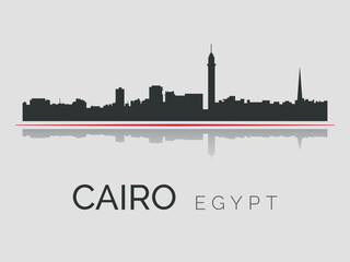 Obraz premium Black silhouette of Cairo city skyline with reflection in the water, emphasized by red line. Vector on a gray background