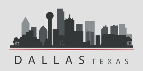 Black silhouette of the city skyline in Dallas, Texas, emphasized by red line with text. Vector on a gray background  © Dima