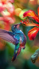 Obraz premium Hummingbird Hovering: Nature's Vibrant Dance with Red Blossoms in Mid-Air