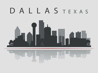 Fototapeta premium Black silhouette of Dallas city skyline with reflection in the water, emphasized by red line. Vector on a gray background 