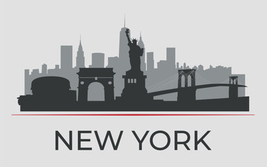 Obraz premium The black silhouette of the New York City skyline is emphasized by a red line. Vector on a gray background