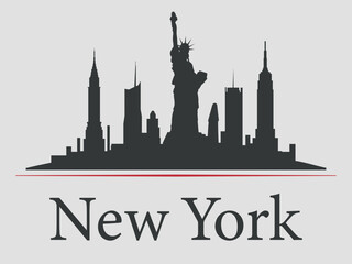 The black silhouette of the New York City skyline is emphasized by a red line. Vector on a gray background