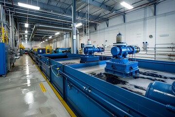 Naklejka premium Industrial Water Treatment Facility with Blue Pumps and Tanks