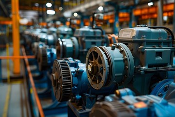 Industrial Machinery: A Row of Powerful Electric Motors in a Manufacturing Facility