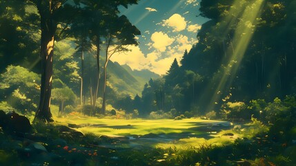 In a tranquil forest clearing, sunlight filters through the trees, illuminating the lush greenery while unseen clouds gather and deepen in the sky, creating a peaceful atmosphere.