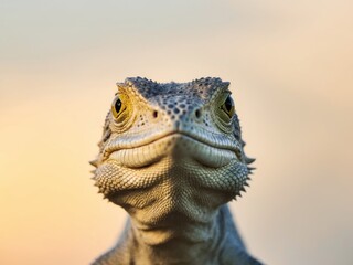 Fototapeta premium A lizard's face in sharp focus Background softly blurred Yellow sky backdrop.