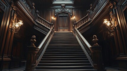 Obraz premium Symmetrical lines of a grand staircase in a historic mansion, showcasing elegance