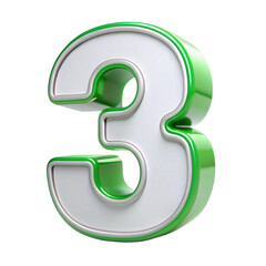 Green number three isolated on a transparent background, a 3D metallic style number for digital design