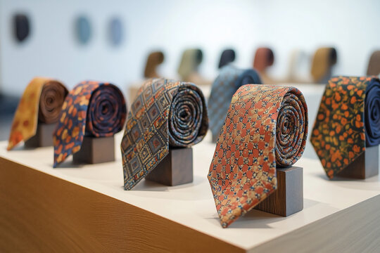 Stylish neckties artfully arranged at a contemporary display in a shop