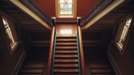 Obraz premium Symmetrical lines of a grand staircase in a historic mansion, showcasing elegance