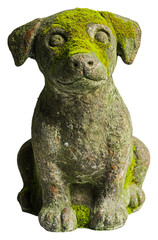 Stone dog statue with moss in garden setting isolated on transparent background