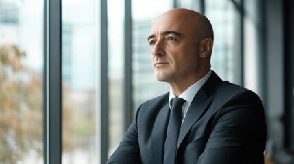 Bald man in a dark suit and tie, attentively listening during a business meeting, modern office setting with large windows