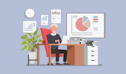 Business Planning concept. Businessman working in a contemporary office environment, surrounded by documents, charts, and creating a business plan. Character vector illustration design.