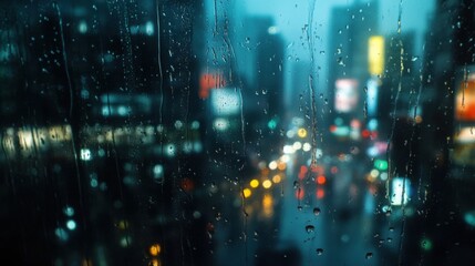 Artistic shot of a large glass window with raindrops streaming down, blurring the view of a rainy cityscape outside. Moody and atmospheric lighting.