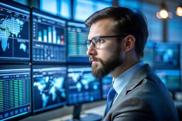 Caucasian businessman analyzing data on monitors focused on cybersecurity insights