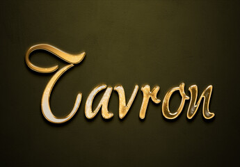 Old gold text effect of futuristic name Tavron with 3D glossy style Mockup.