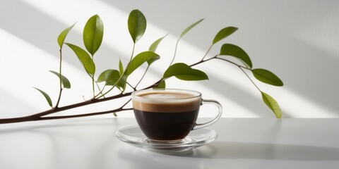 Fresh Coffee and Green Leaves on a Desk Workspace.