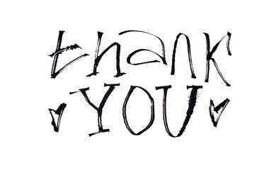Modern handwritten thank you with artistic brushstroke style and decorative hearts.