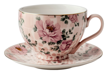 Elegant floral tea cup and saucer with pink roses isolated on transparent background
