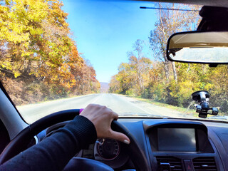 Car salon, windshield, hand of woman on steering wheel and landscape. View from seat of driver on...