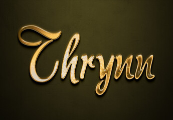 Old gold text effect of futuristic name Thrynn with 3D glossy style Mockup.