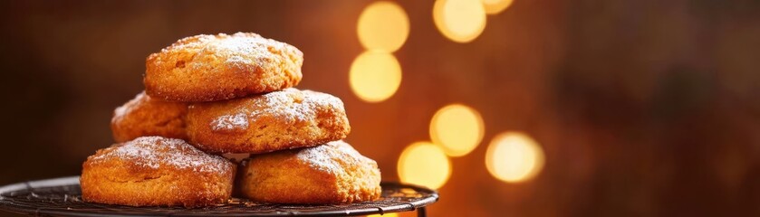 Fototapeta premium Delicious baked cookies stacked on a plate, sprinkled with sugar, set against a warm, inviting background.