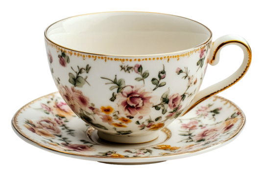 Elegant floral teacup and saucer set on display isolated on transparent background