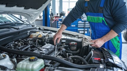 Mechanic repairing car engine in a workshop with tools and equipment.