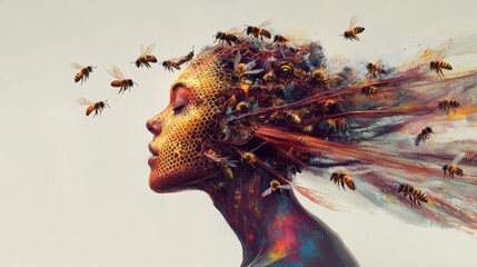 A woman with a honeycomb face and bees flying around her, against a white background.