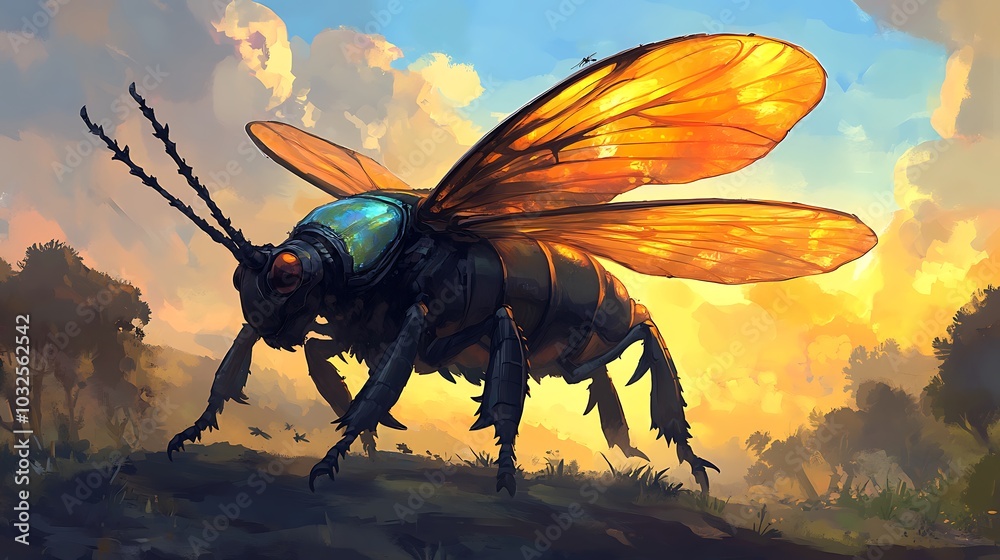 Wall mural Giant Mechanical Insect at Sunset.