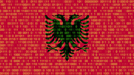 Binary code on flag of Albania. Program source code or Hacker concept on Albanian flag. Albania...