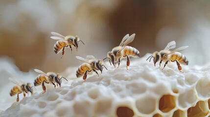 Honey bees working together on a honeycomb, a symbol of teamwork and community.